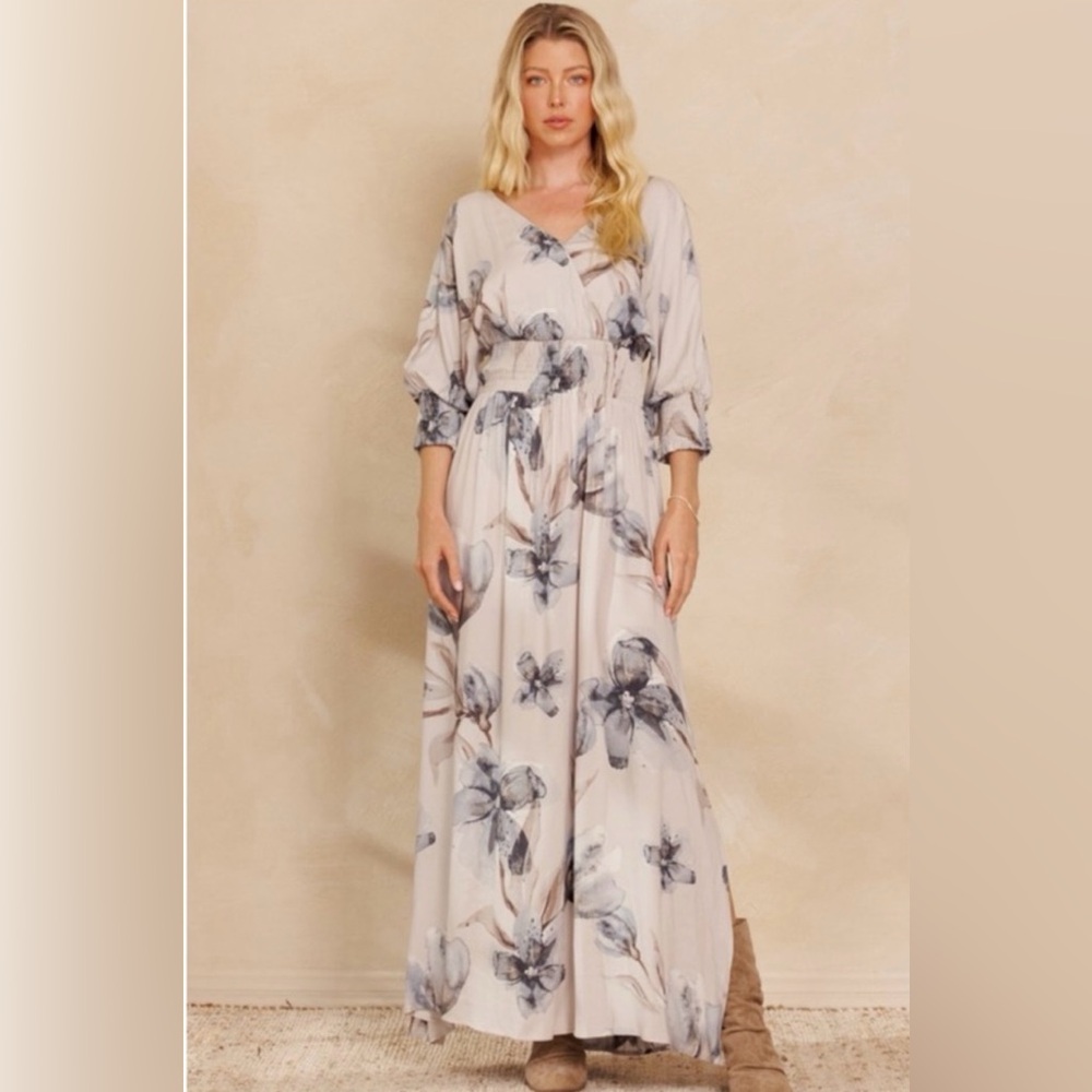 NWT Painterly Floral smocked  | Open Tie back | Maxi dress size M